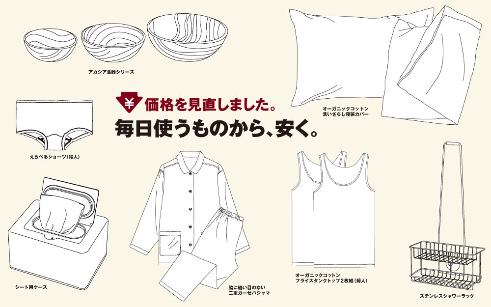 無印良品、雑貨・日用品や家具、衣料品など約300品目の価格を見直し「毎日使うものから、安く」