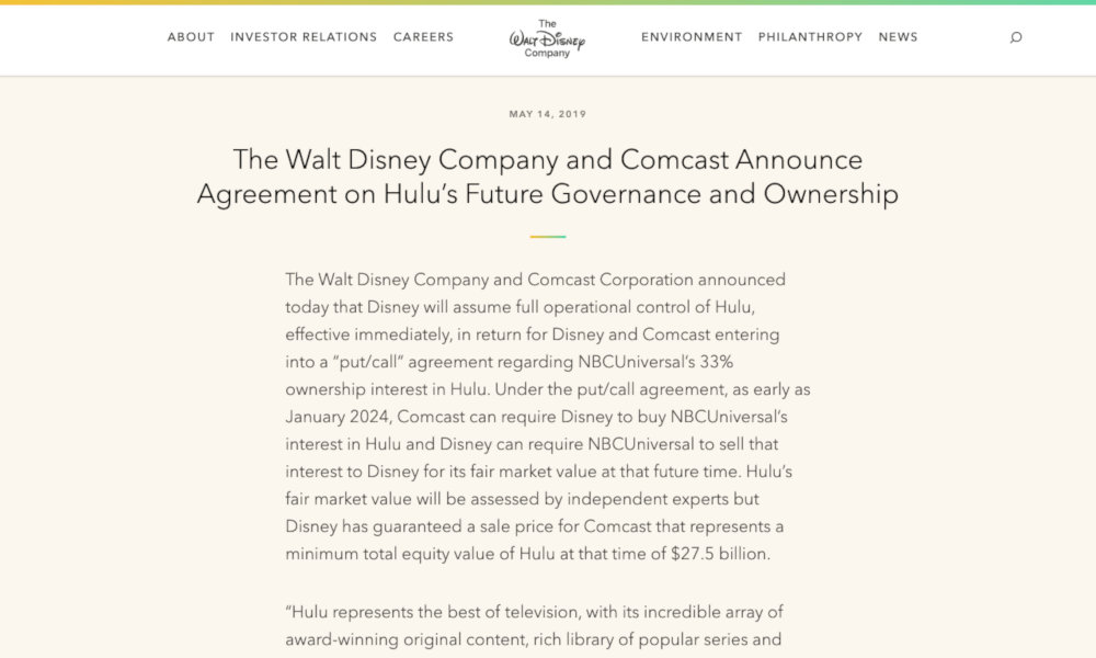 米ディズニーがHuluを完全子会社に、動画配信事業を強化