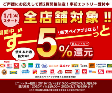 【終了】【楽天ペイ】全店舗で5％還元第2弾は1月1日から、事前エントリー受付中